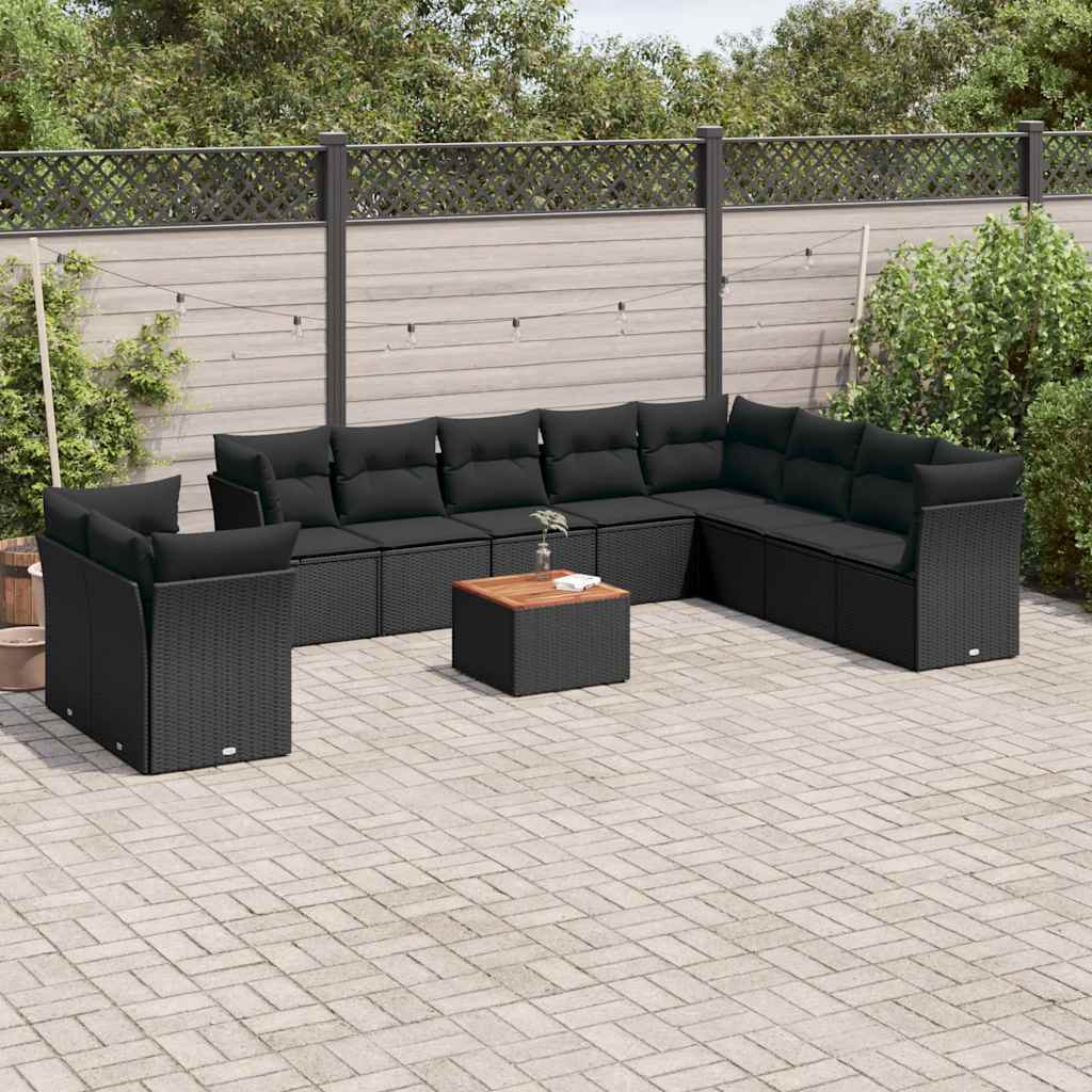 11-delige Loungeset met kussens poly rattan zwart – afbeelding 1