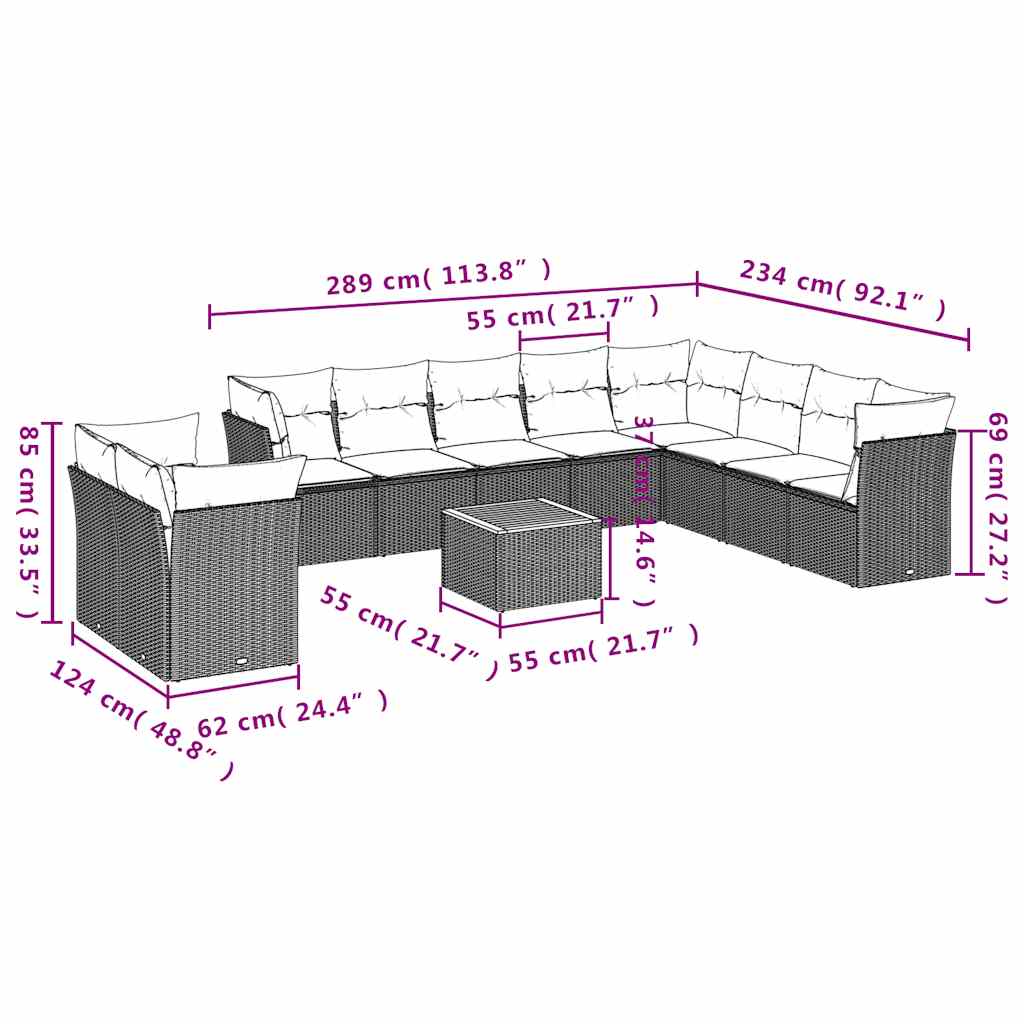 11-delige Loungeset met kussens poly rattan zwart – afbeelding 3