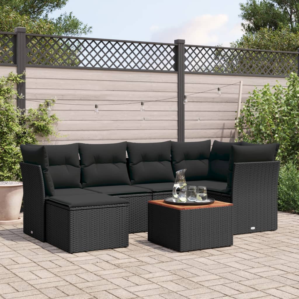 7-delige Loungeset met kussens poly rattan zwart – afbeelding 1