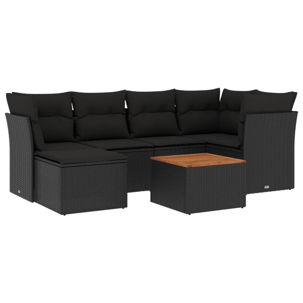 7-delige Loungeset met kussens poly rattan zwart – afbeelding 2