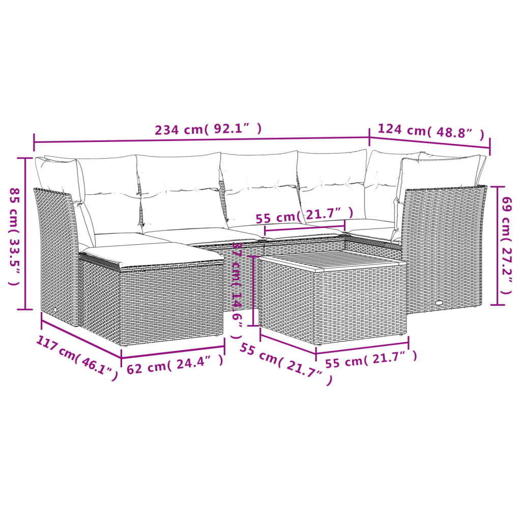 7-delige Loungeset met kussens poly rattan zwart – afbeelding 3