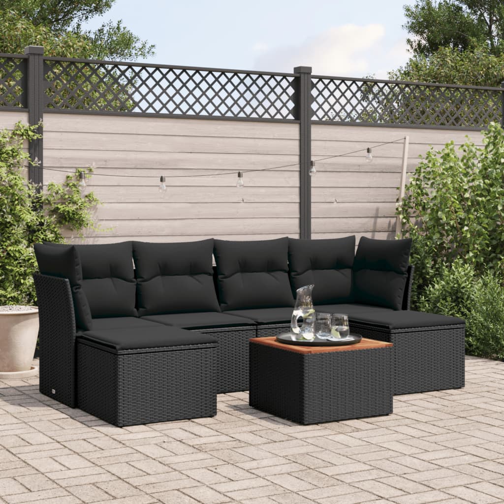 7-delige Loungeset met kussens poly rattan zwart – afbeelding 1