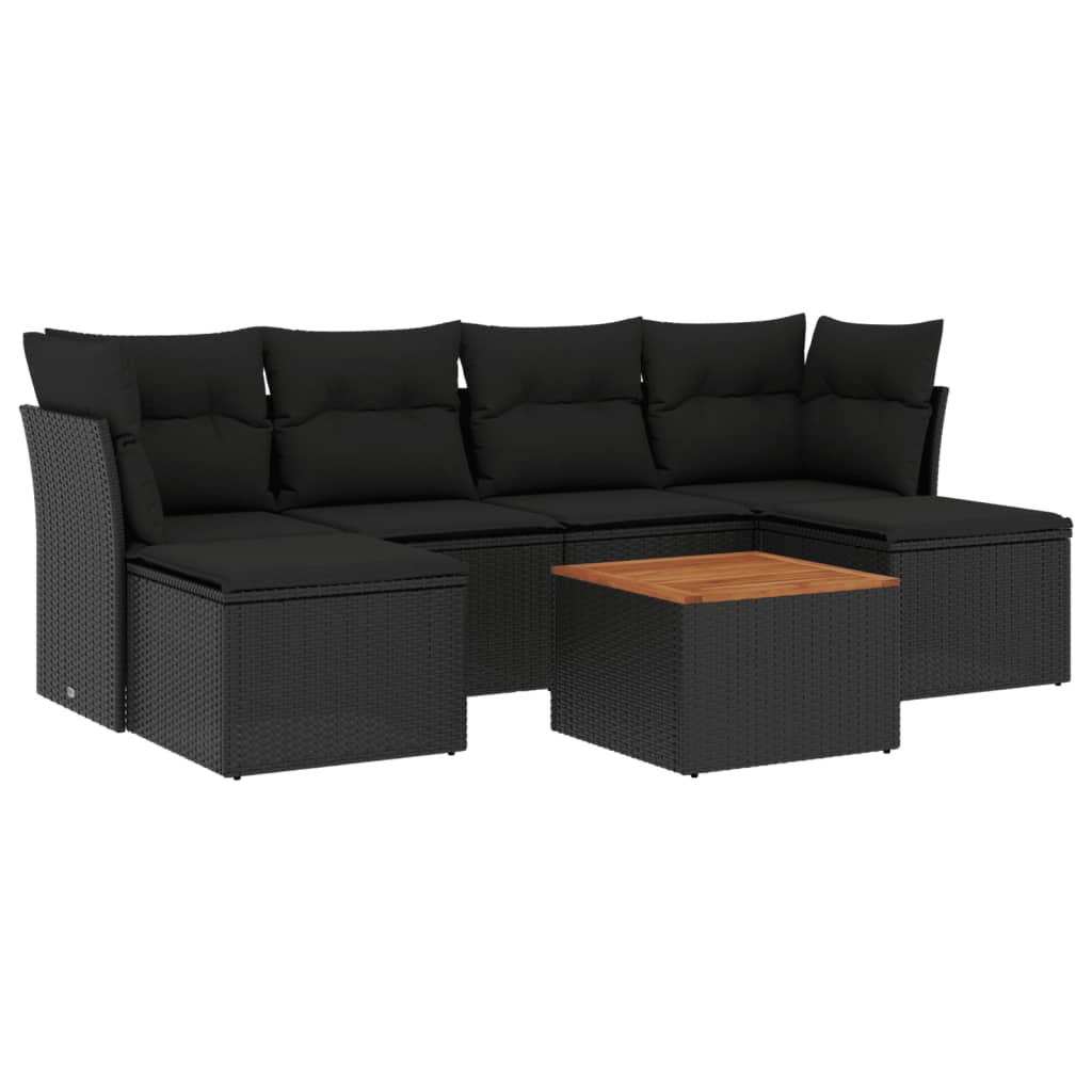 7-delige Loungeset met kussens poly rattan zwart – afbeelding 2