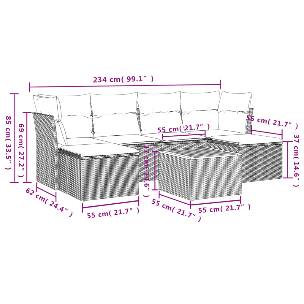 7-delige Loungeset met kussens poly rattan zwart – afbeelding 3