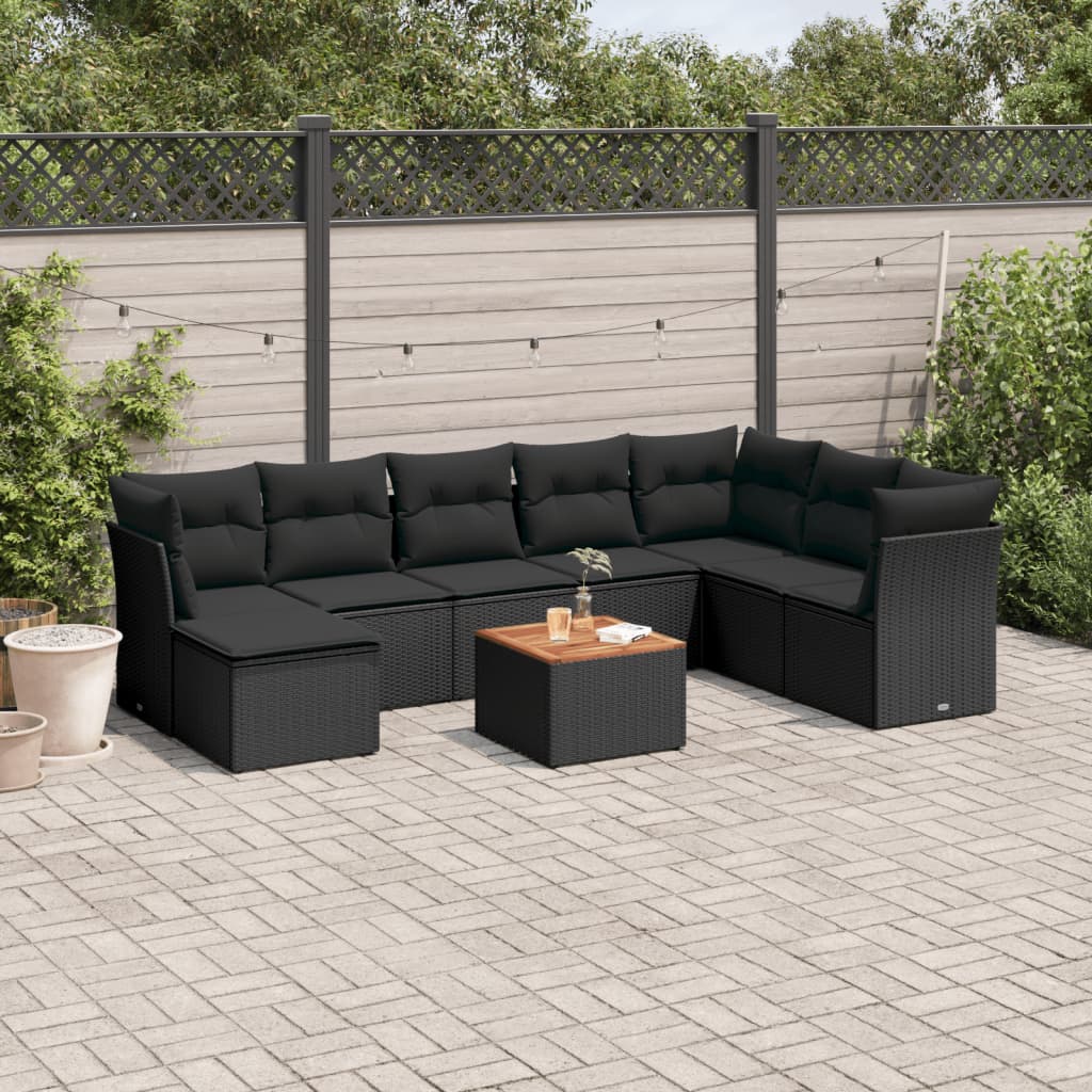 9-delige Loungeset met kussens poly rattan zwart – afbeelding 1