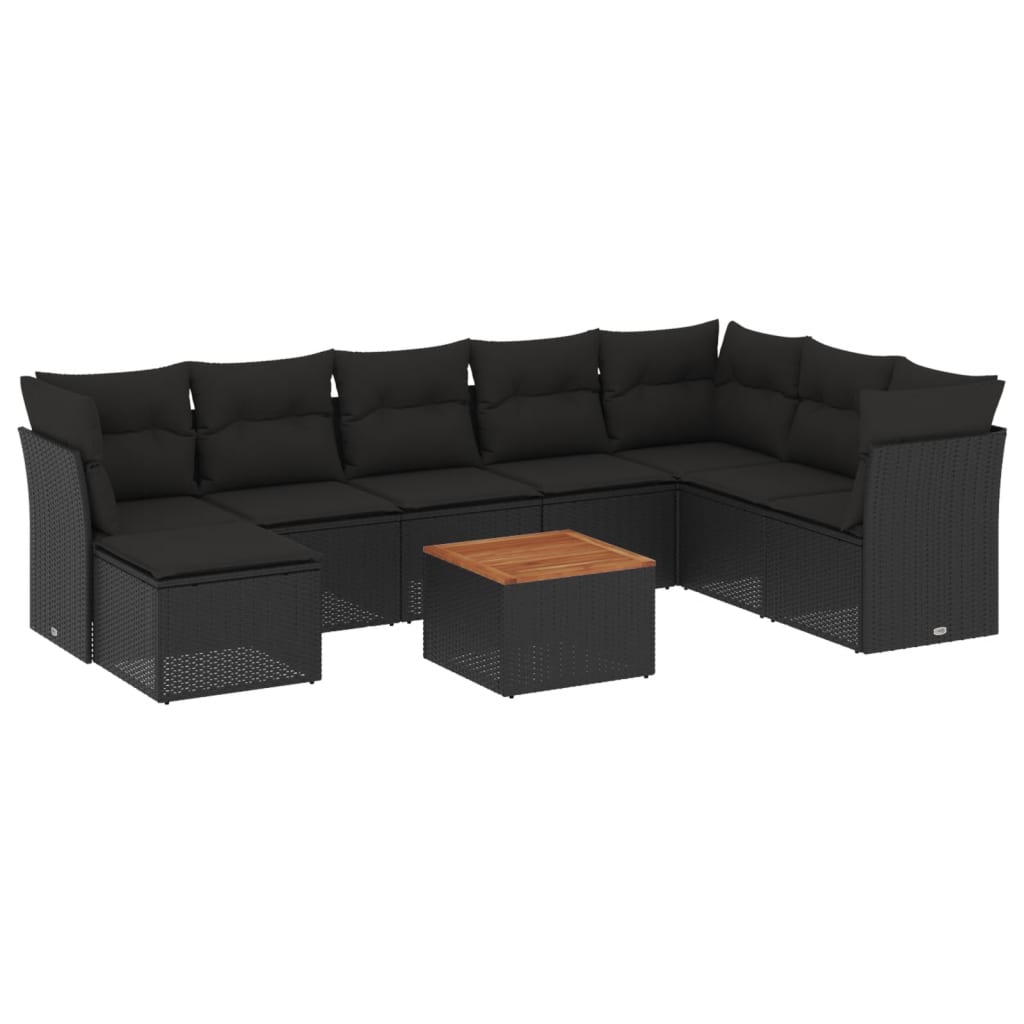 9-delige Loungeset met kussens poly rattan zwart – afbeelding 2