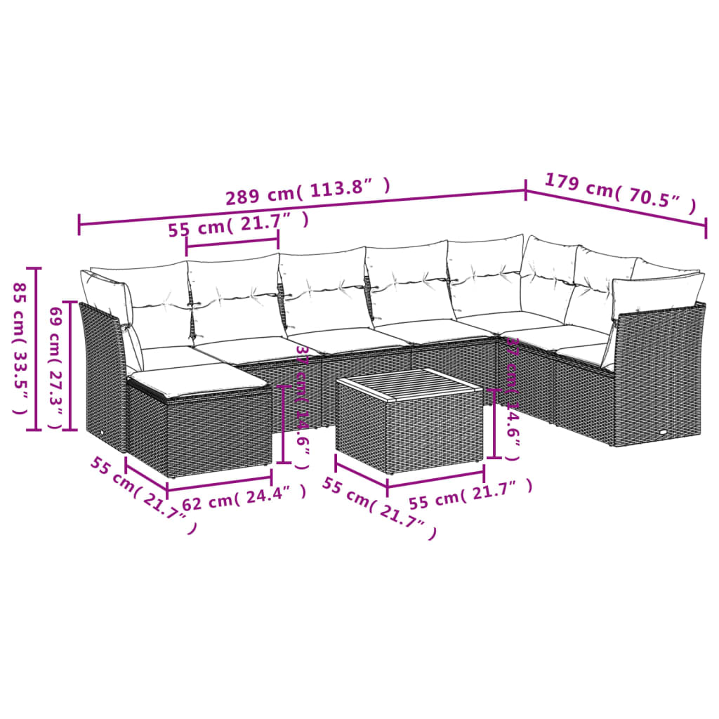9-delige Loungeset met kussens poly rattan zwart – afbeelding 3
