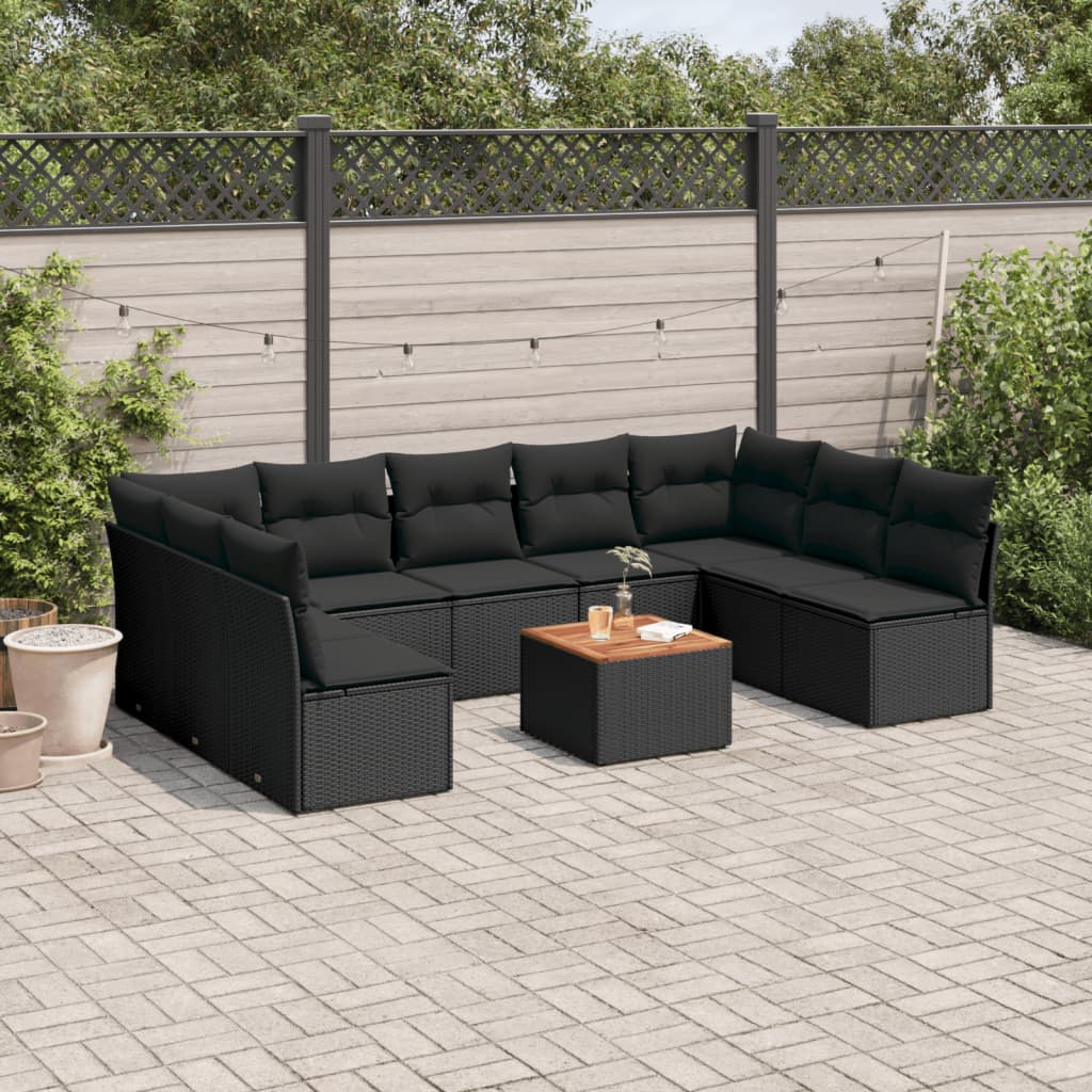 10-delige Loungeset met kussens poly rattan zwart – afbeelding 1