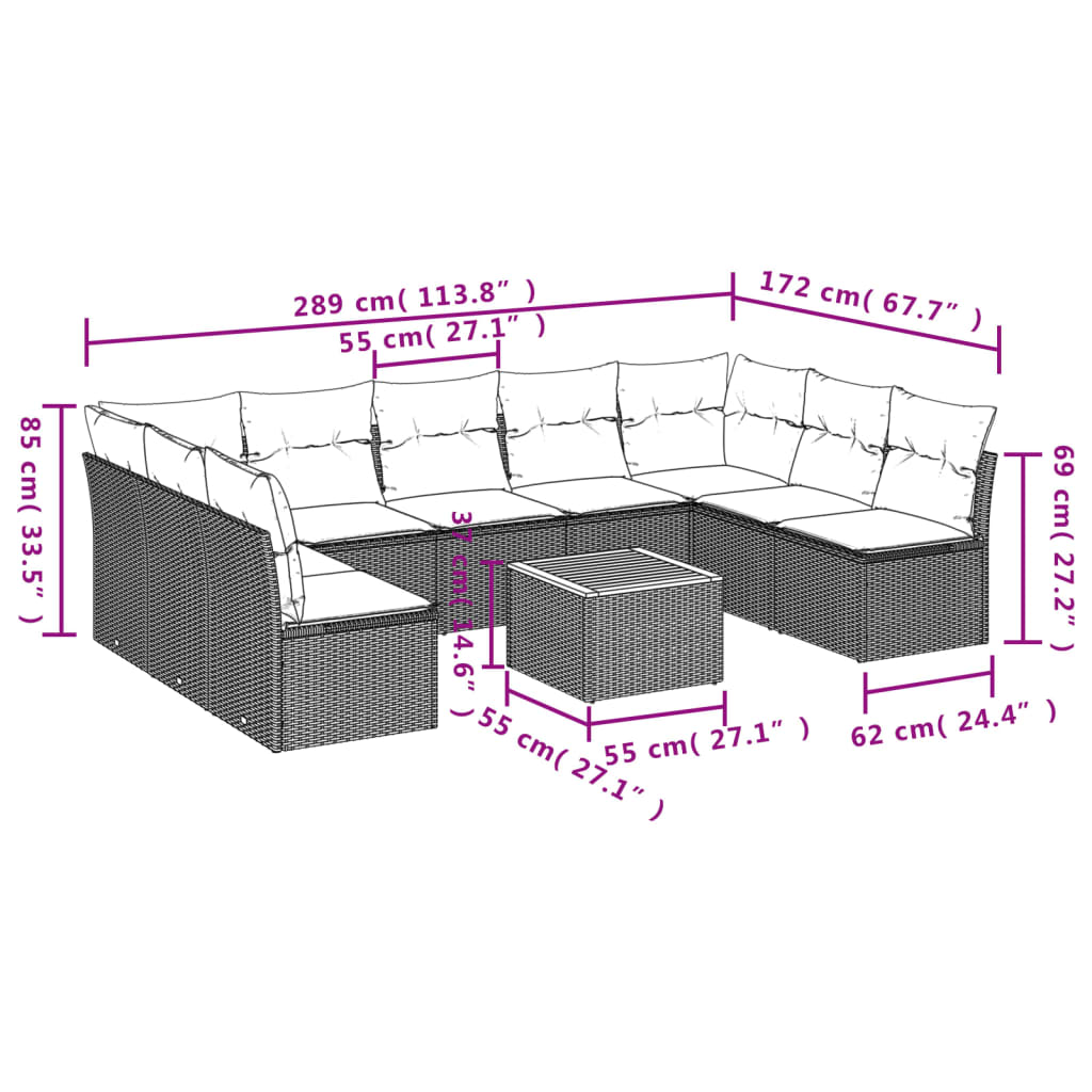 10-delige Loungeset met kussens poly rattan zwart – afbeelding 3
