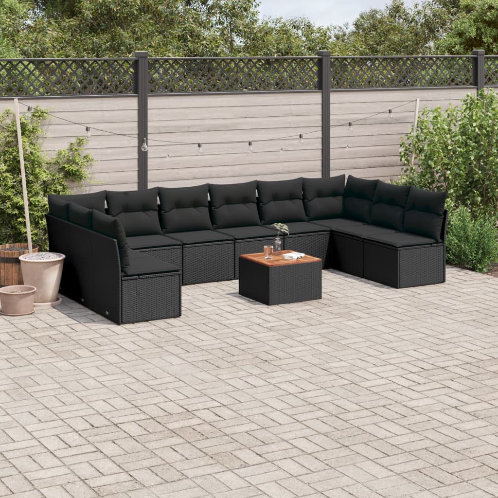 11-delige Loungeset met kussens poly rattan zwart – afbeelding 1