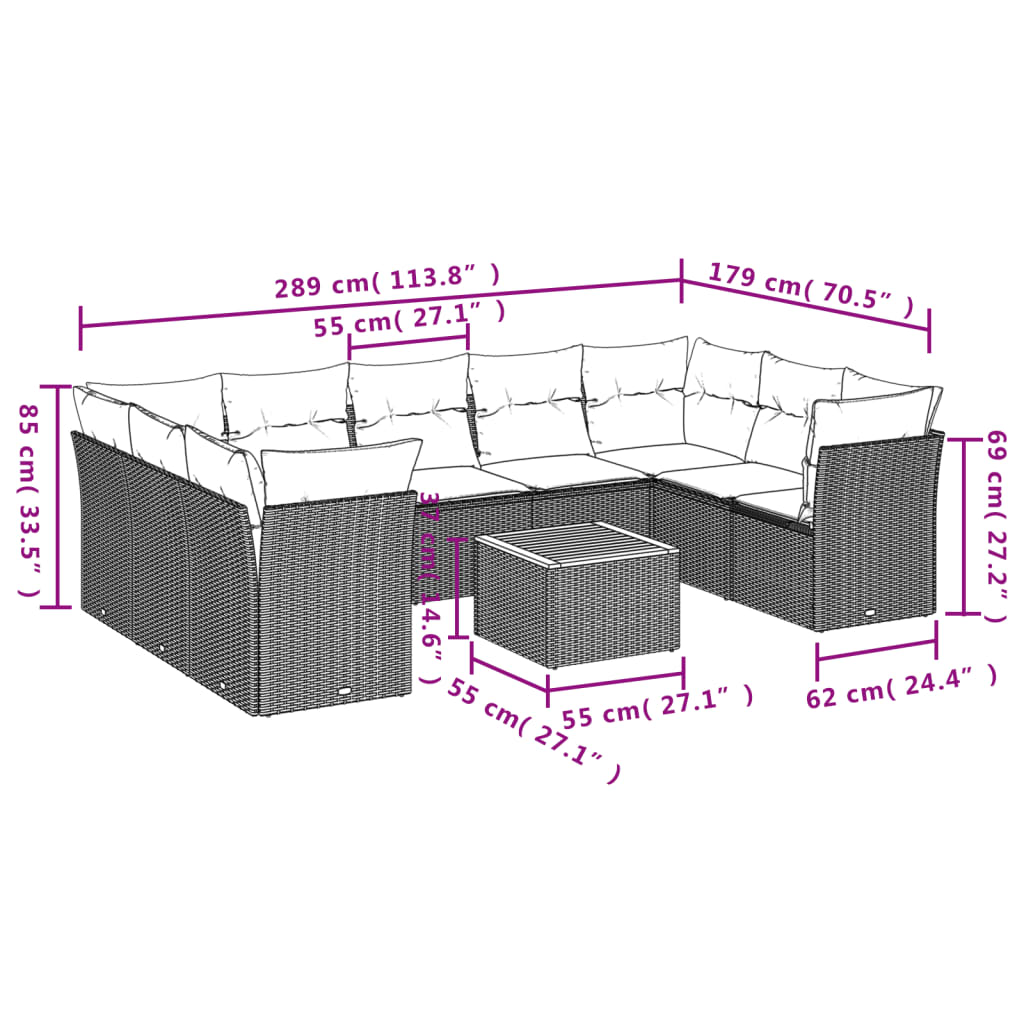 10-delige Loungeset met kussens poly rattan zwart – afbeelding 3