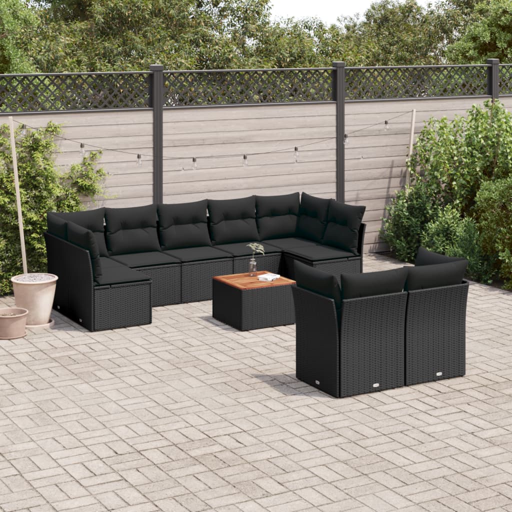 10-delige Loungeset met kussens poly rattan zwart – afbeelding 1