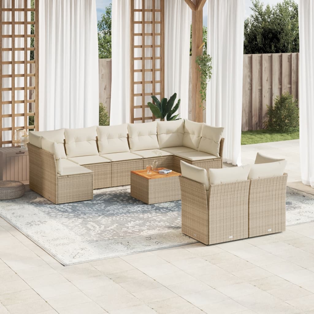 10-delige Loungeset met kussens poly rattan beige – afbeelding 1