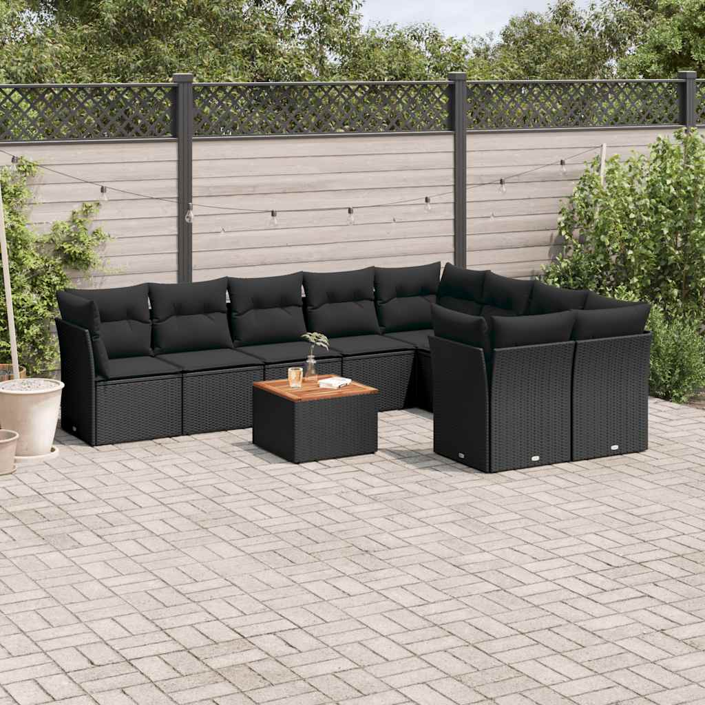 10-delige Loungeset met kussens poly rattan zwart – afbeelding 1