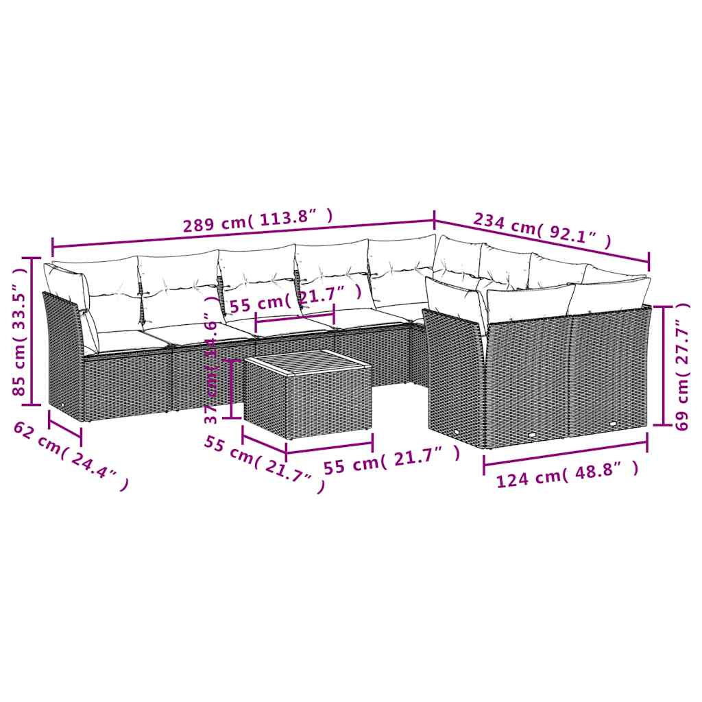 10-delige Loungeset met kussens poly rattan zwart – afbeelding 3