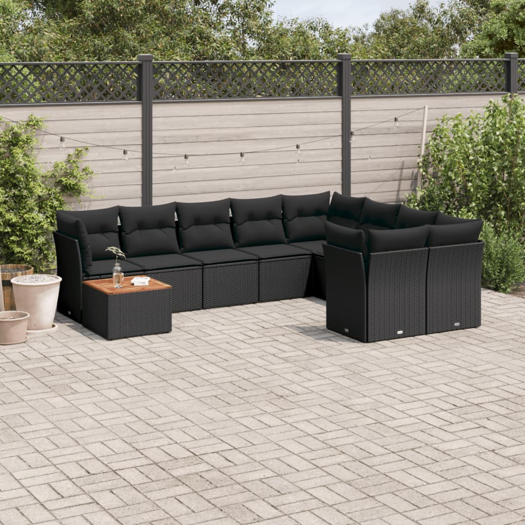 10-delige Loungeset met kussens poly rattan zwart – afbeelding 1