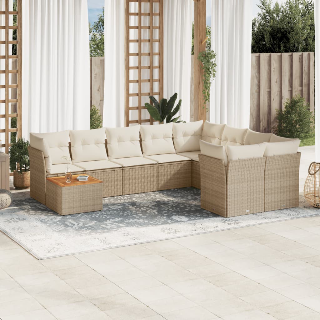 10-delige Loungeset met kussens poly rattan beige – afbeelding 1