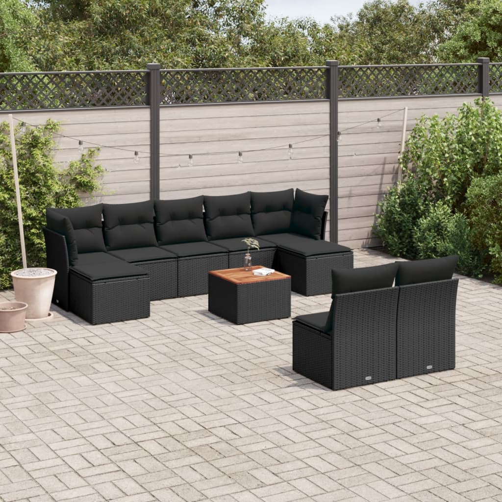10-delige Loungeset met kussens poly rattan zwart – afbeelding 1