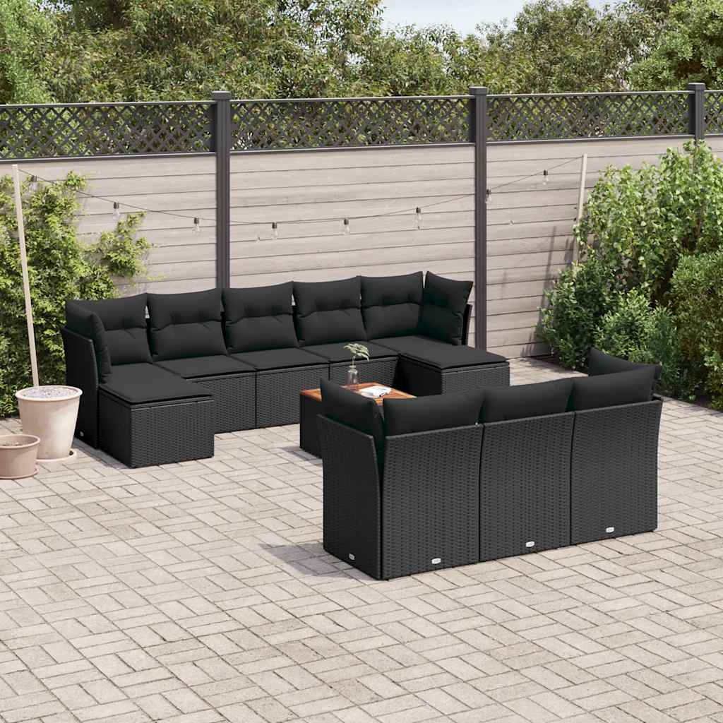 11-delige Loungeset met kussens poly rattan zwart – afbeelding 1