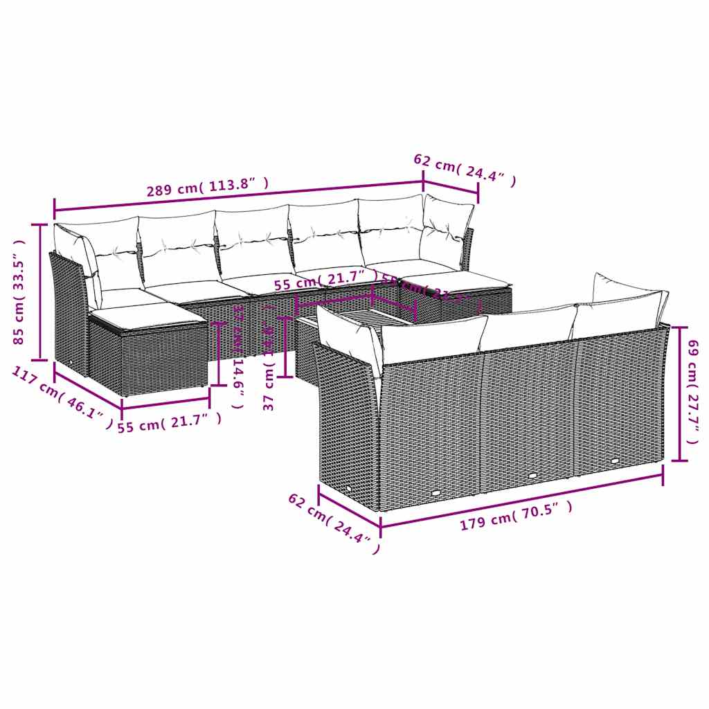 11-delige Loungeset met kussens poly rattan zwart – afbeelding 3