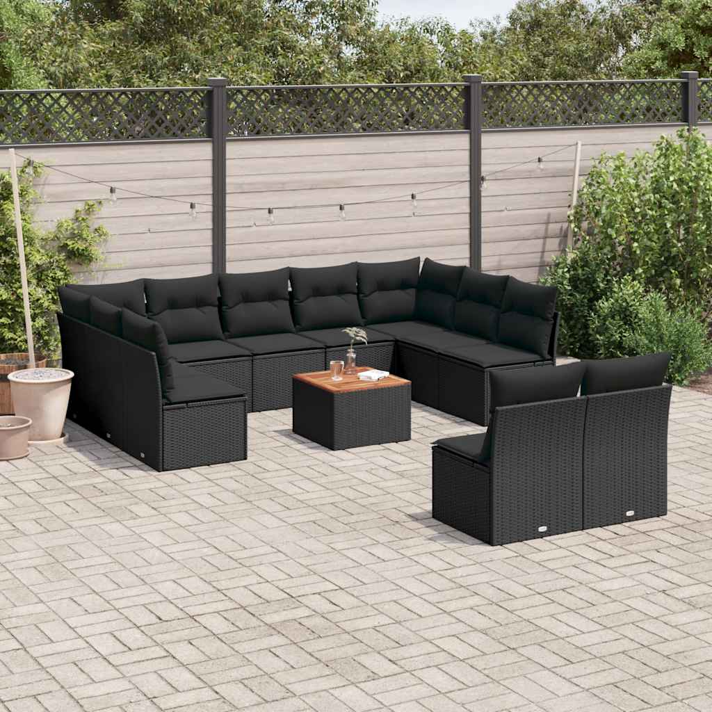 12-delige Loungeset met kussens poly rattan zwart – afbeelding 1
