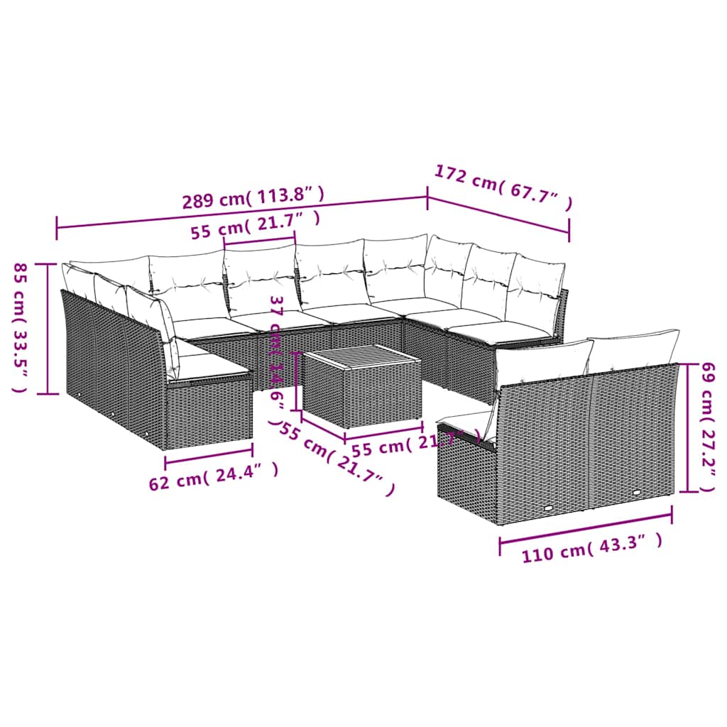 12-delige Loungeset met kussens poly rattan zwart – afbeelding 3