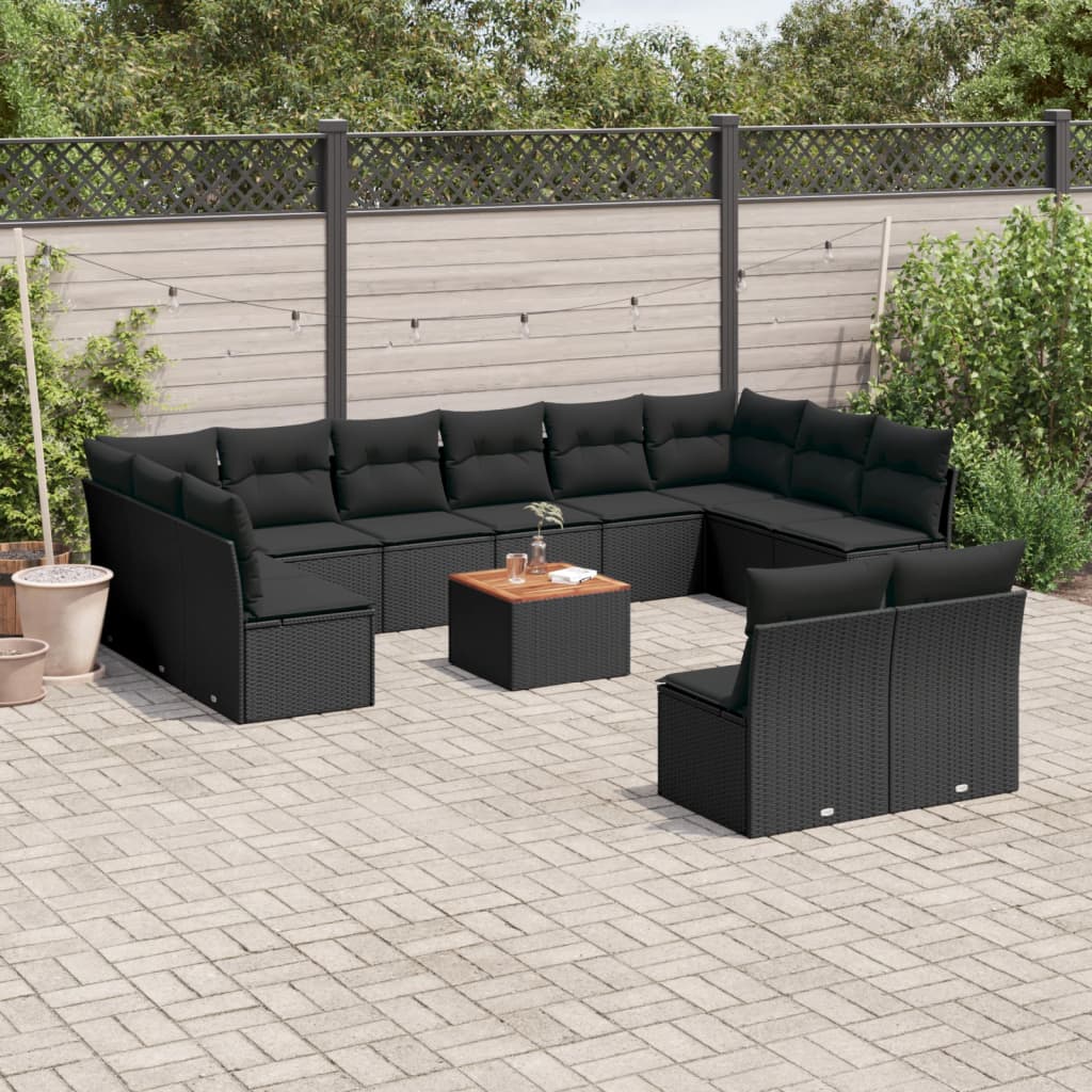 13-delige Loungeset met kussens poly rattan zwart – afbeelding 1