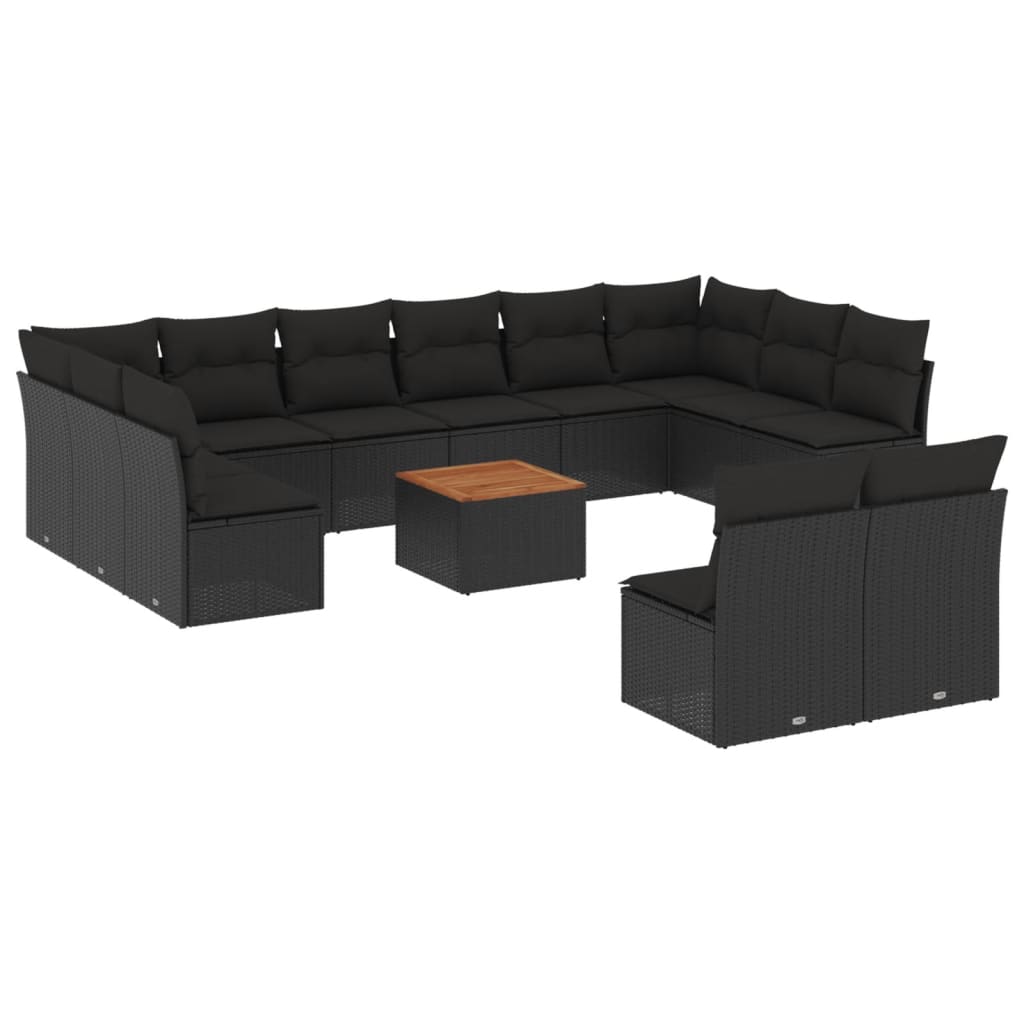13-delige Loungeset met kussens poly rattan zwart – afbeelding 2