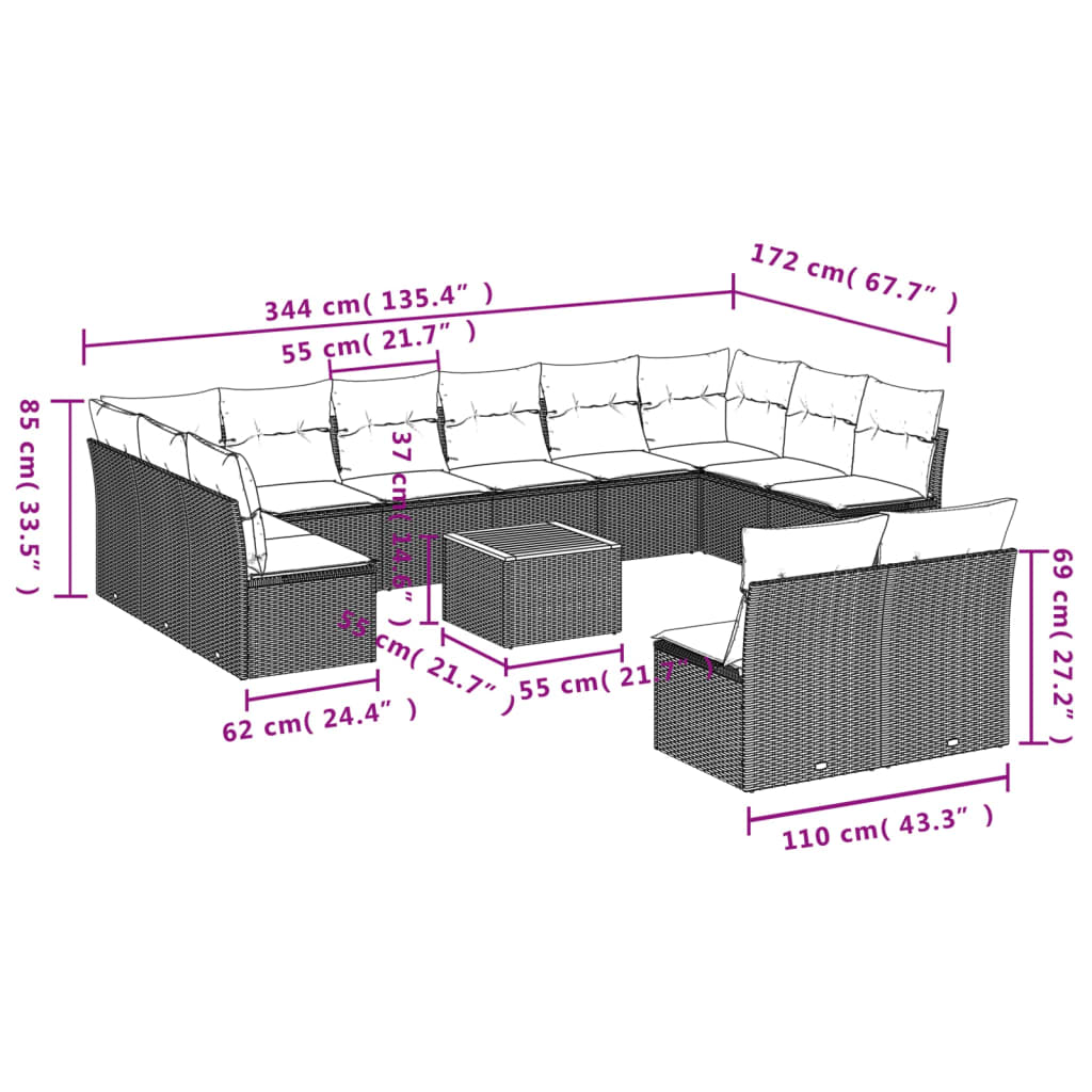 13-delige Loungeset met kussens poly rattan zwart – afbeelding 3