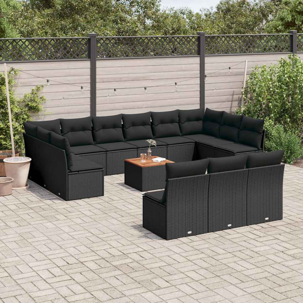 14-delige Loungeset met kussens poly rattan zwart – afbeelding 1