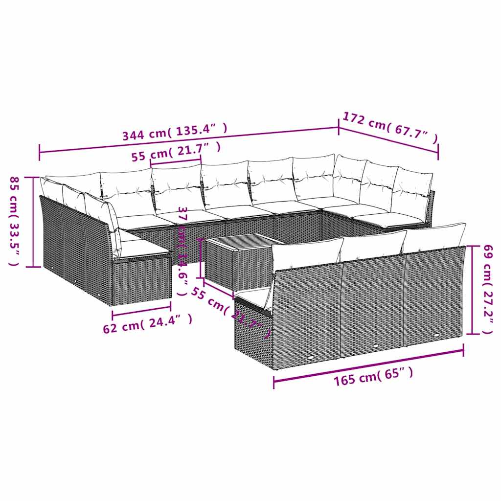 14-delige Loungeset met kussens poly rattan zwart – afbeelding 3
