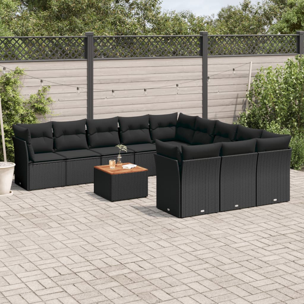 12-delige Loungeset met kussens poly rattan zwart – afbeelding 1