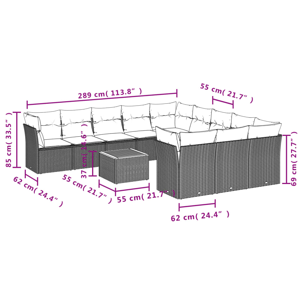 12-delige Loungeset met kussens poly rattan zwart – afbeelding 3