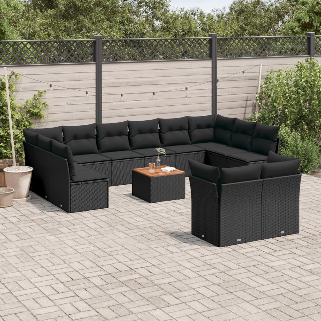 13-delige Loungeset met kussens poly rattan zwart – afbeelding 1