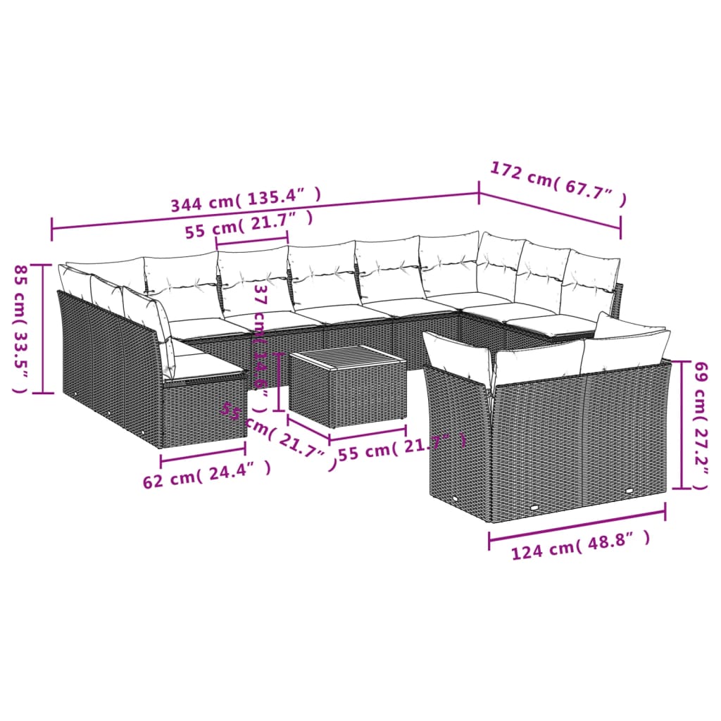 13-delige Loungeset met kussens poly rattan zwart – afbeelding 3