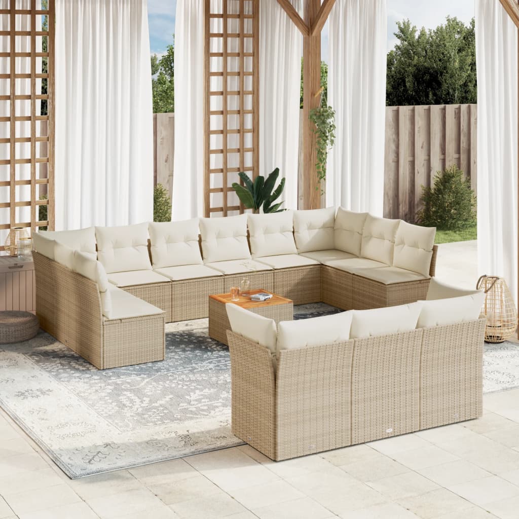 14-delige Loungeset met kussens poly rattan beige – afbeelding 1