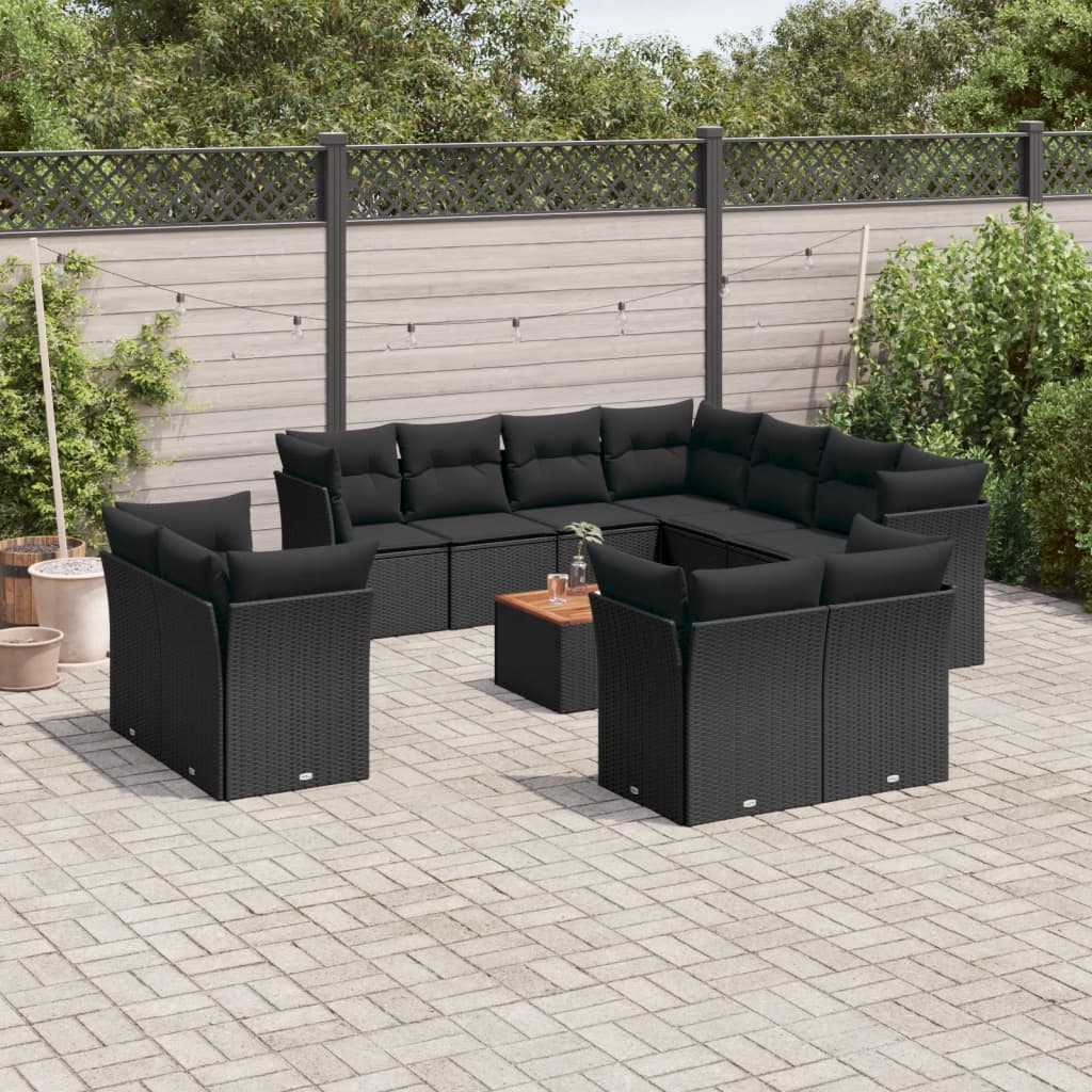 12-delige Loungeset met kussens poly rattan zwart – afbeelding 1