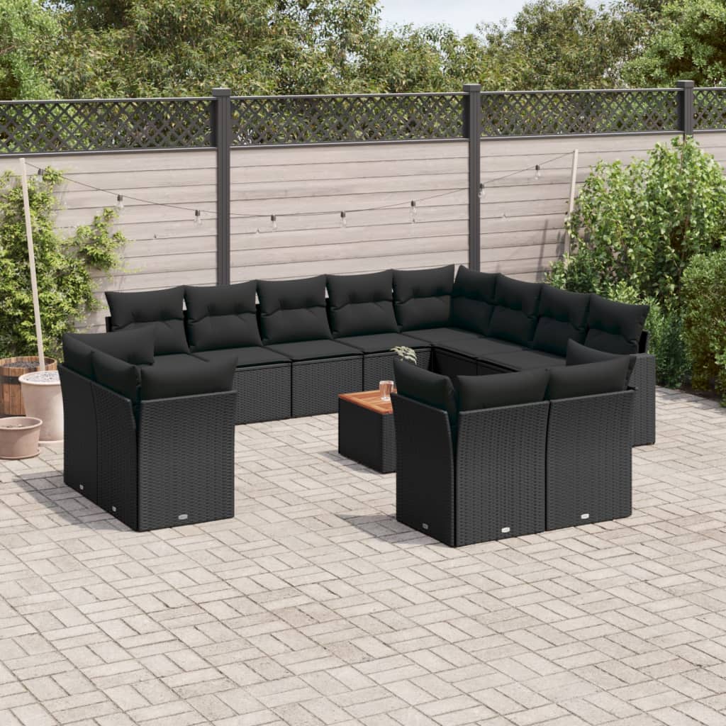 13-delige Loungeset met kussens poly rattan zwart – afbeelding 1