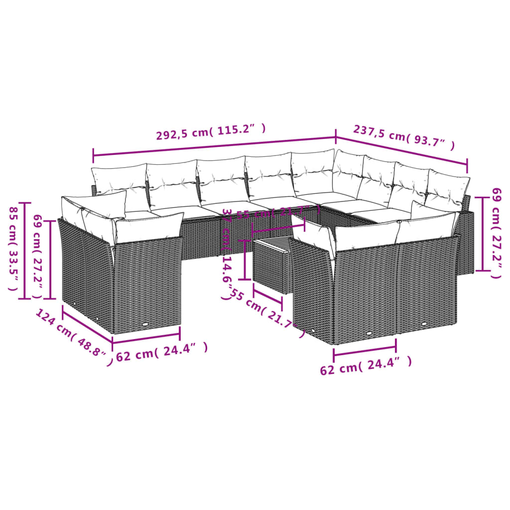 13-delige Loungeset met kussens poly rattan zwart – afbeelding 3