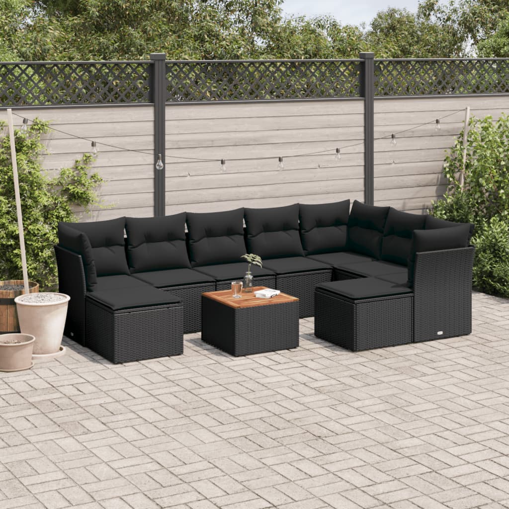 10-delige Loungeset met kussens poly rattan zwart – afbeelding 1