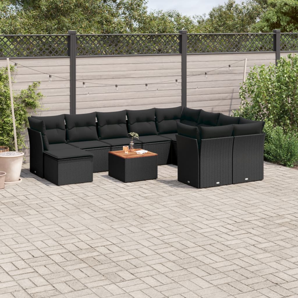 11-delige Loungeset met kussens poly rattan zwart – afbeelding 1