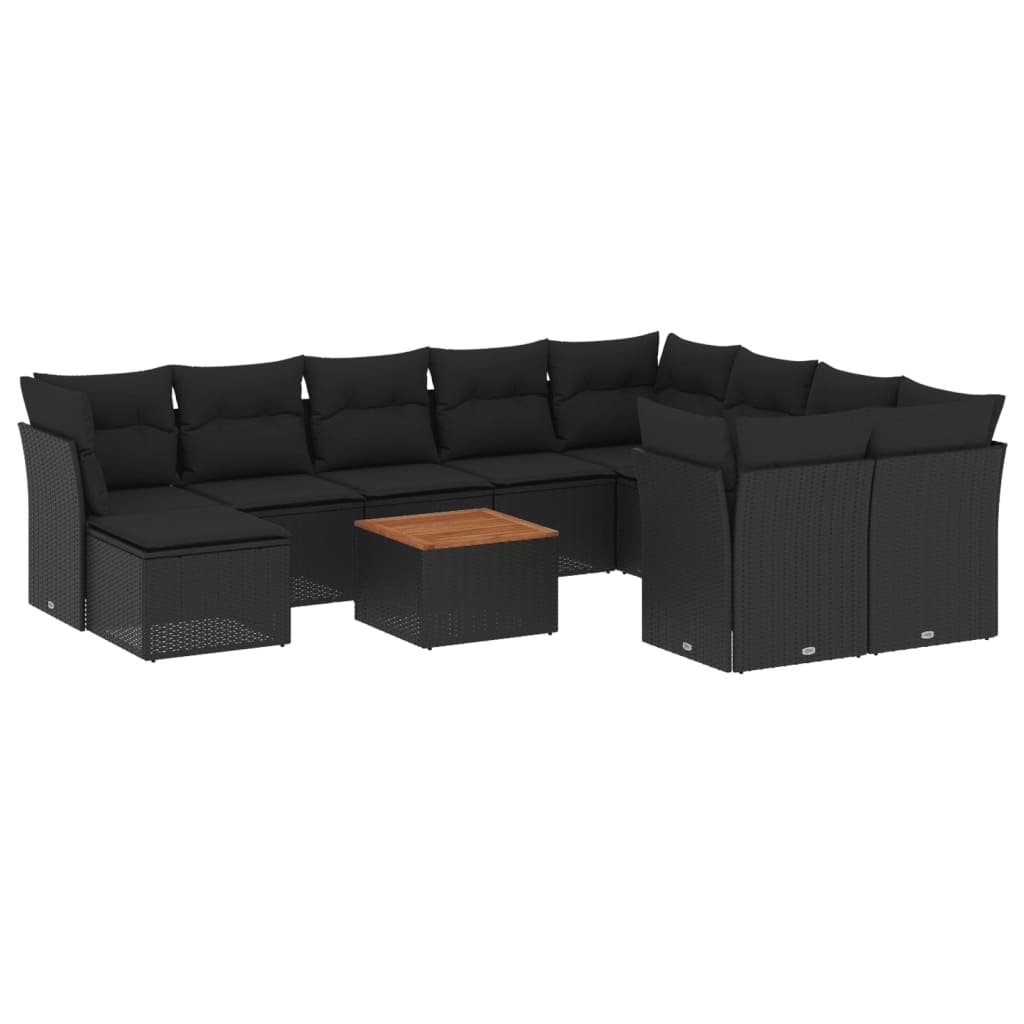 11-delige Loungeset met kussens poly rattan zwart – afbeelding 2