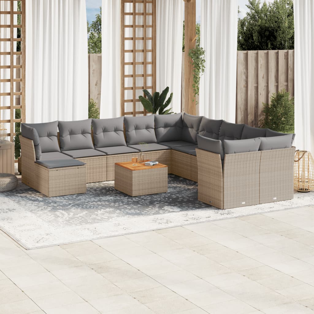 12-delige Loungeset met kussens poly rattan beige – afbeelding 1