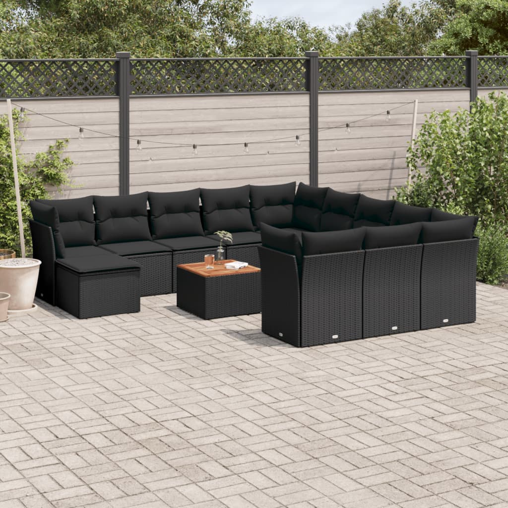 13-delige Loungeset met kussens poly rattan zwart – afbeelding 1