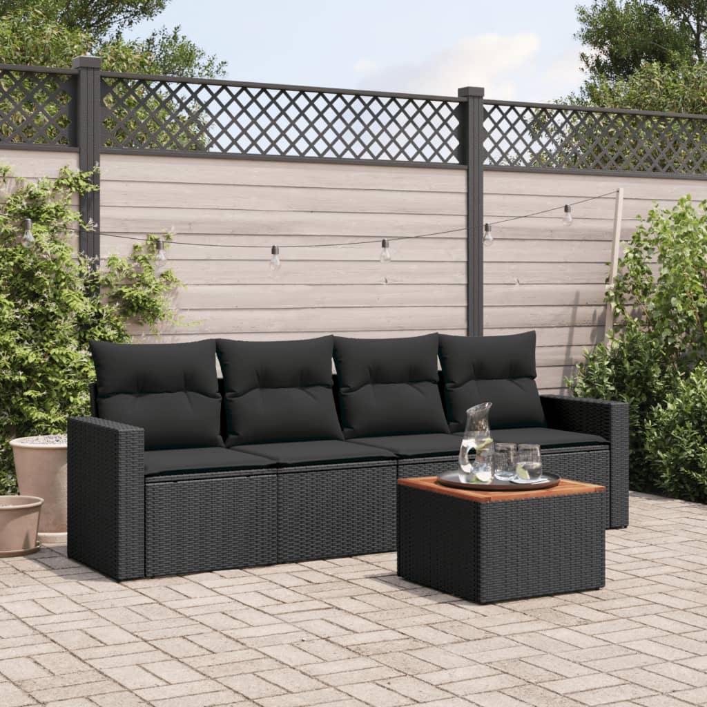5-delige Loungeset met kussens poly rattan zwart – afbeelding 1