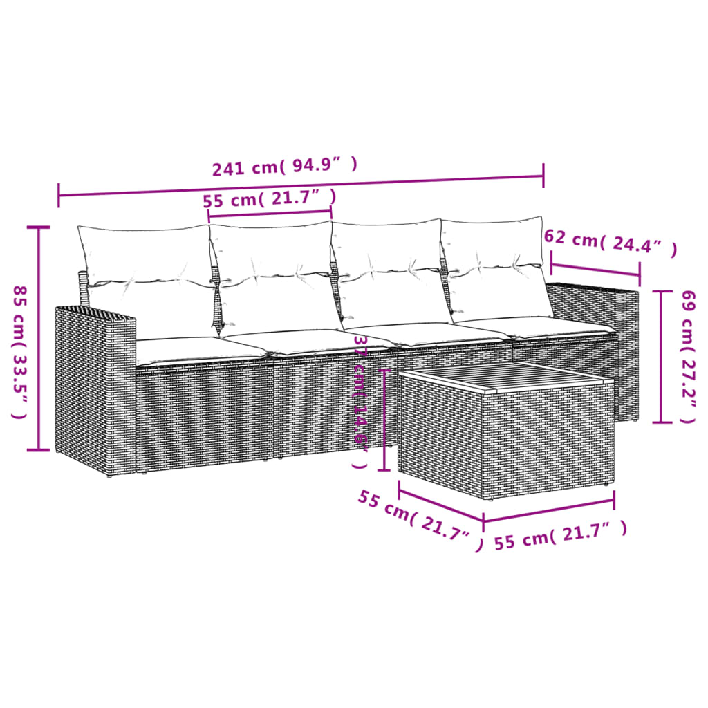 5-delige Loungeset met kussens poly rattan zwart – afbeelding 3