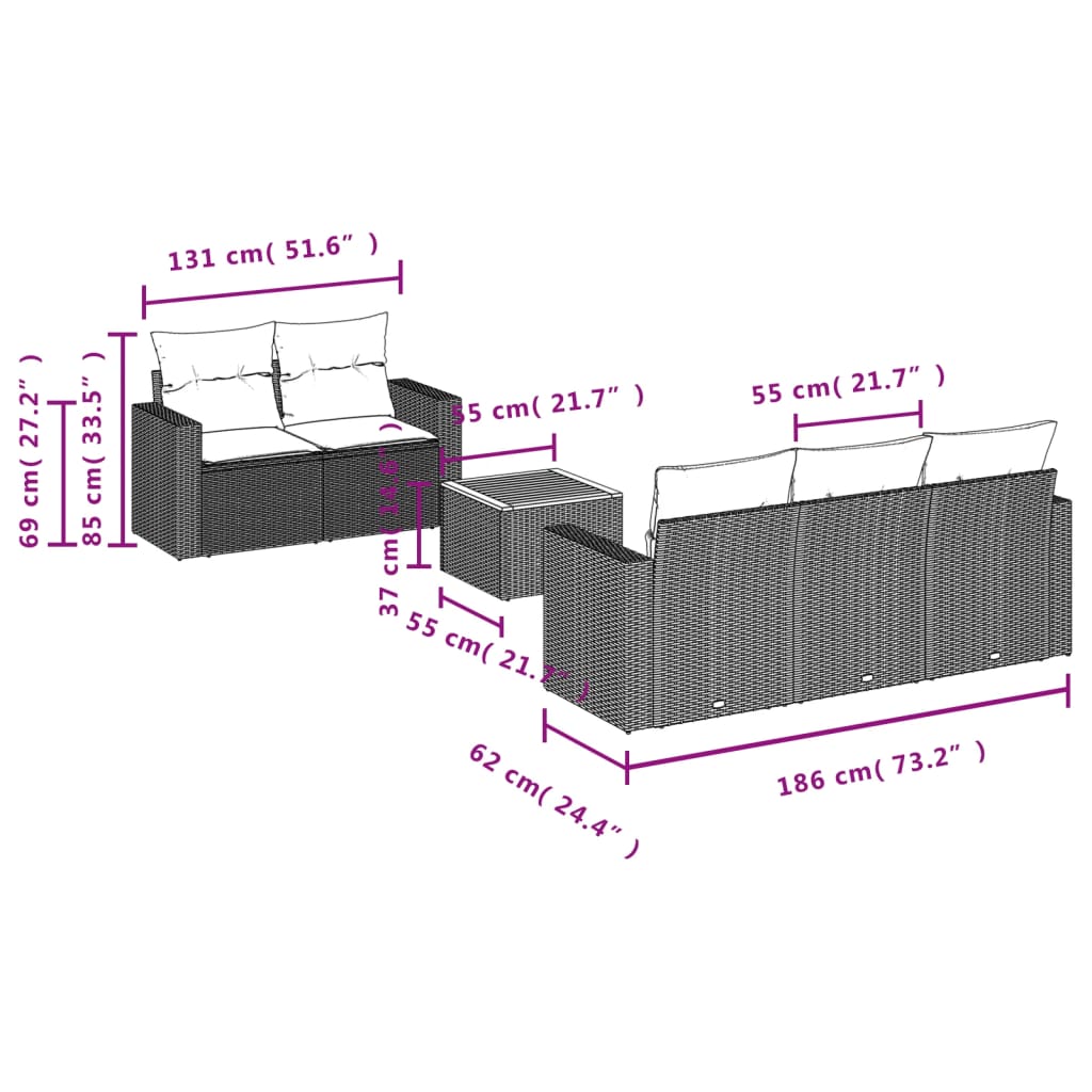 6-delige Loungeset met kussens poly rattan zwart – afbeelding 3