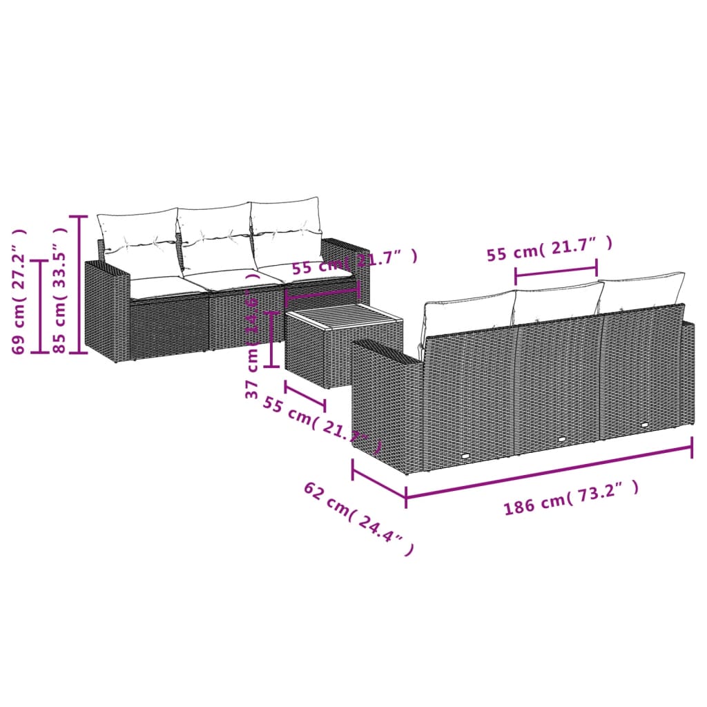 7-delige Loungeset met kussens poly rattan zwart – afbeelding 3