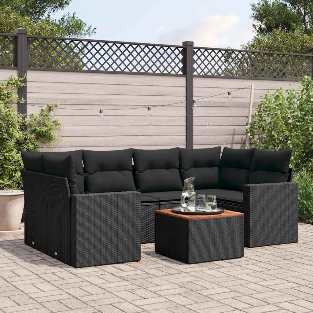 7-delige Loungeset met kussens poly rattan zwart – afbeelding 1