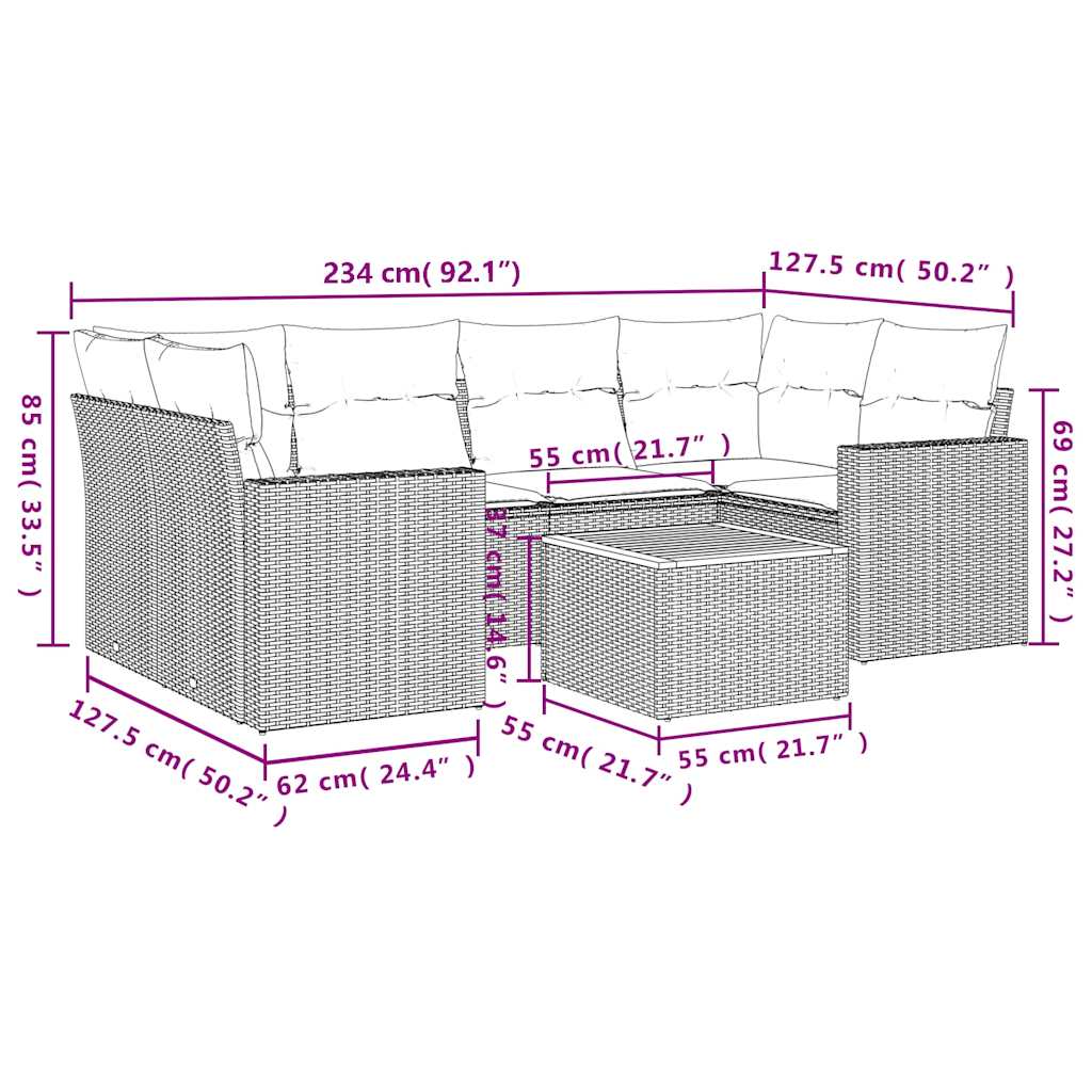 7-delige Loungeset met kussens poly rattan zwart – afbeelding 3